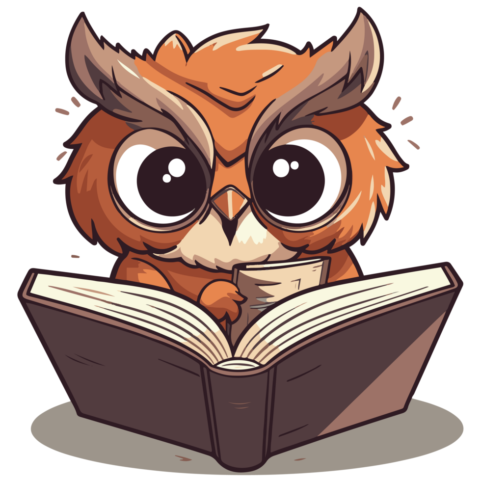 Owl reading a book, smart and cute cartoon character png