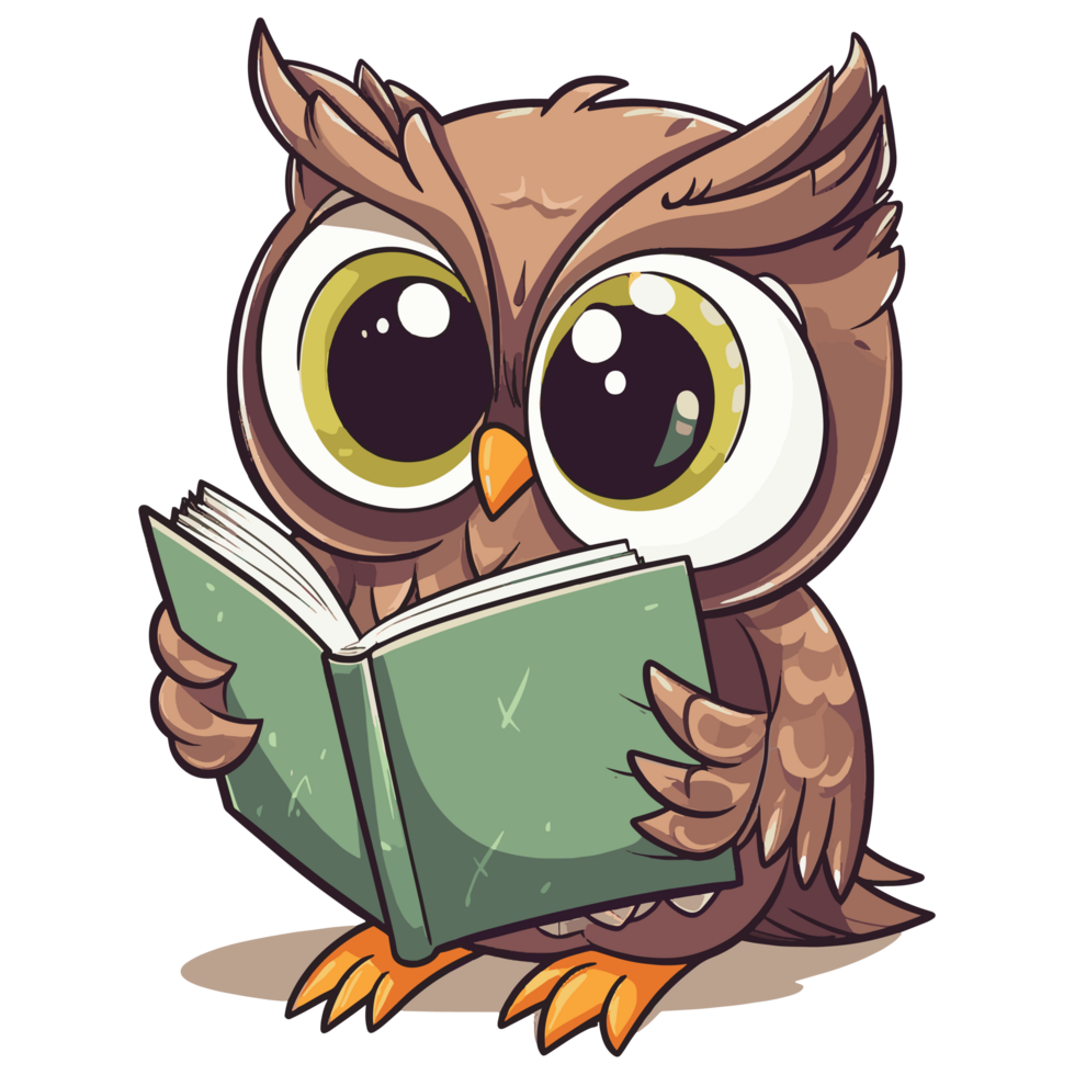 hibou en train de lire une livre, mignonne dessin animé personnage png