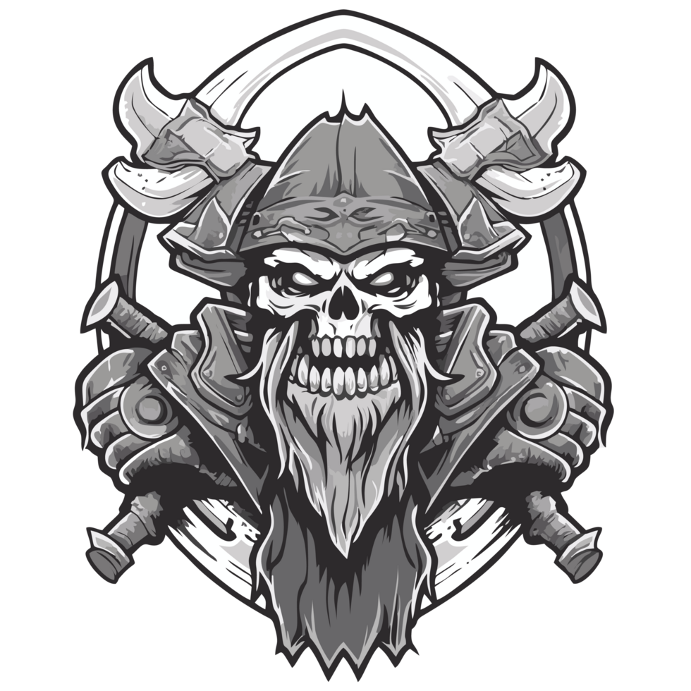 Skull of a viking warrior with axes and shield png