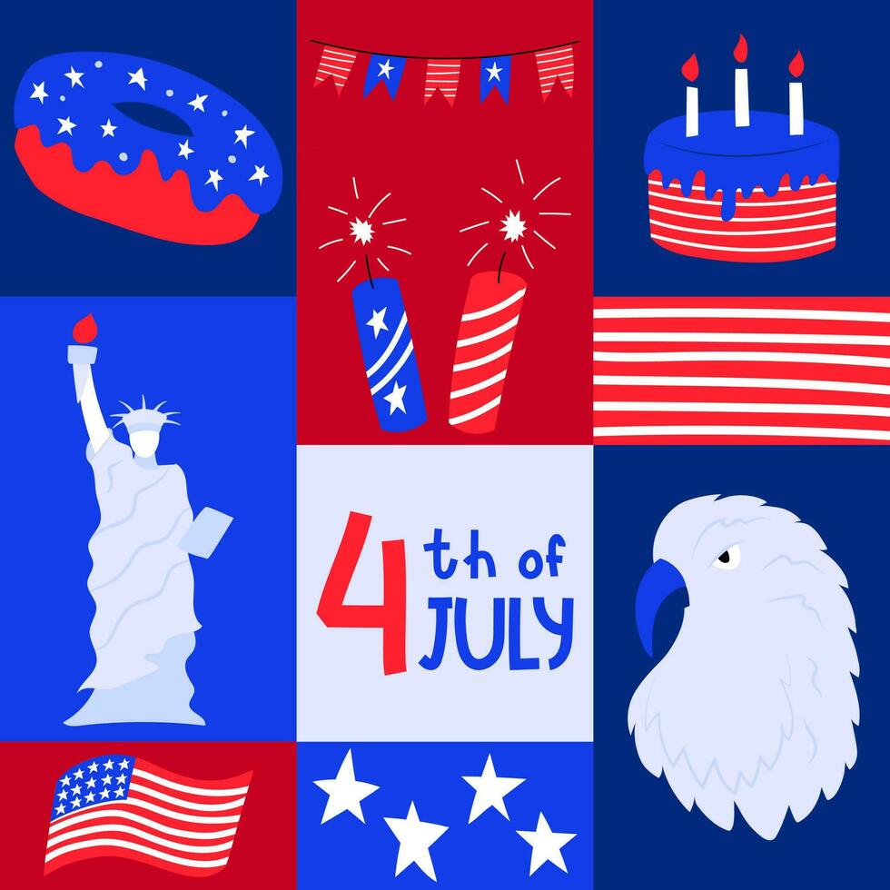 Square graphic poster with national symblos of USA independence day. Geometric greeting card for 4th of July. Patriotic elements in flat cartoon style. Bright color vector illustration.