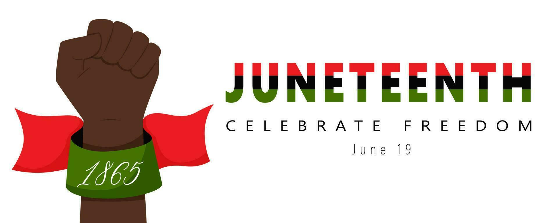 Banner Juneteenth, Celebrate freedom. Clenched fist, raised black hand. A ribbon with the date 1865. June 19, Symbol of Freedom Day, National African American Independence Day. Vector illustration