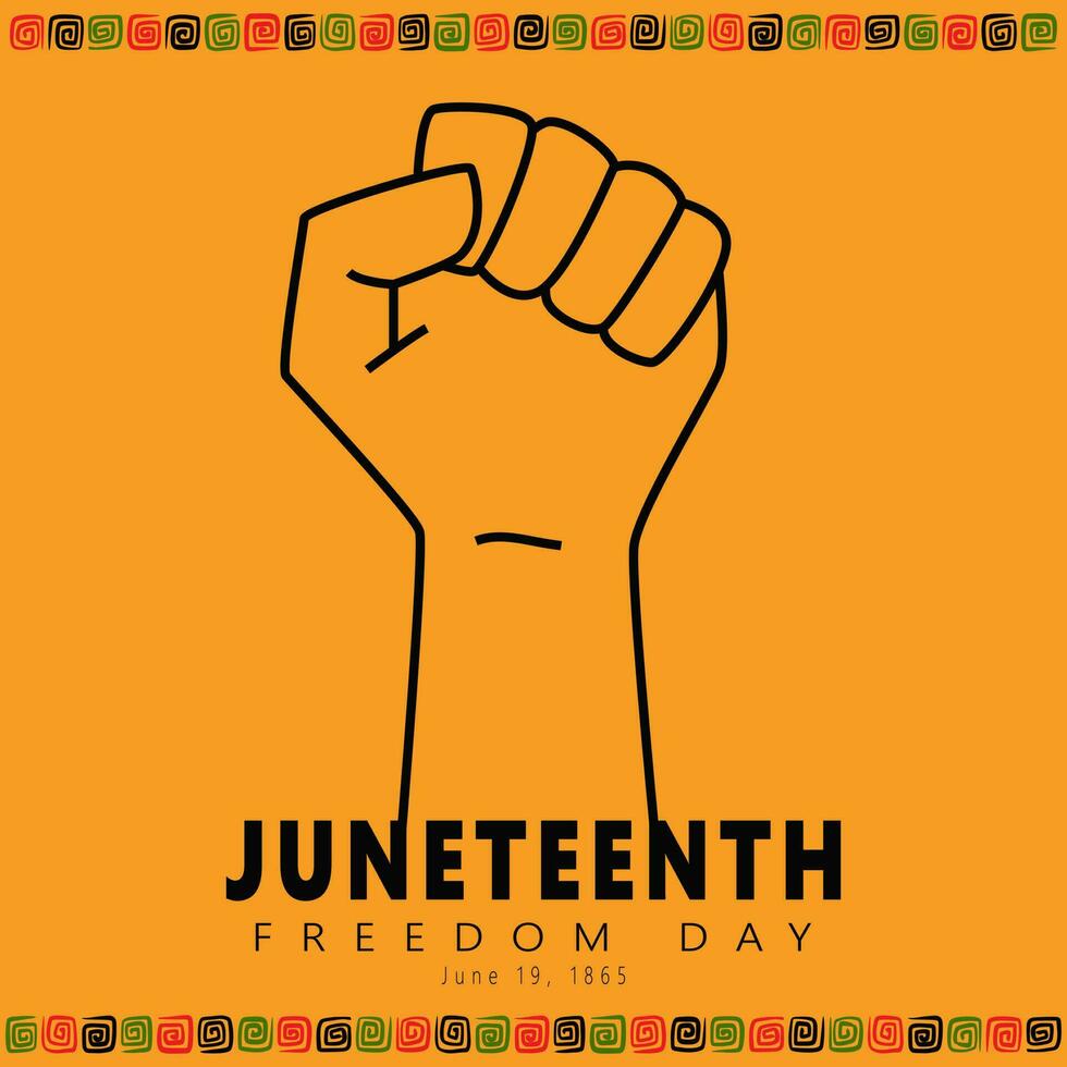Juneteenth Freedom day card. Outline Clenched fists. Celebration freedom, emancipation day in 19 june, National Independence Day, African American history and heritage. Vector illustration on Yellow