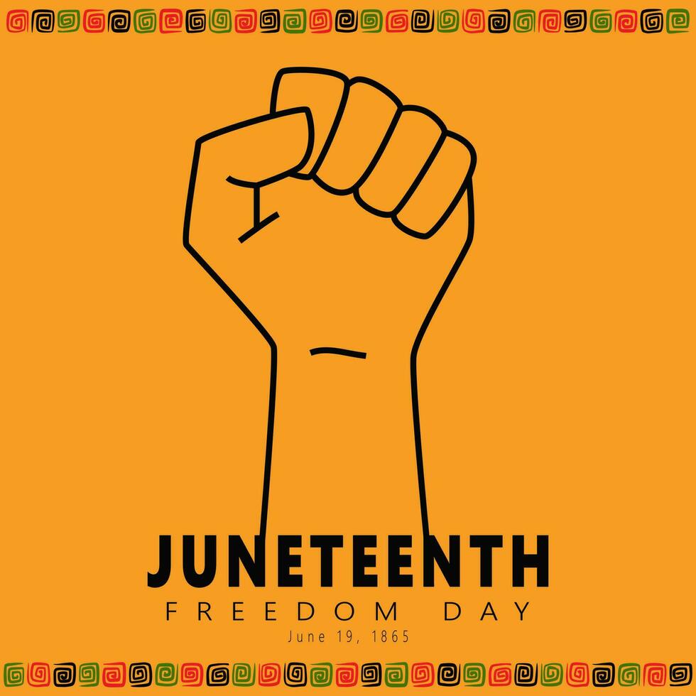 diecinueve de junio libertad día tarjeta. contorno apretado puños celebracion libertad, emancipación día en 19 junio, nacional independencia día, africano americano historia y herencia. vector ilustración en amarillo