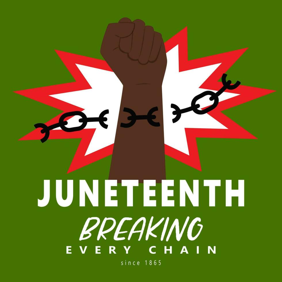 A Raised Clenched Fist Breaking Every Chain Since 1865. Symbol Of Freedom Of The African American People. Juneteenth Freedom Day. National Independence Day. Vector Illustration On Green Background