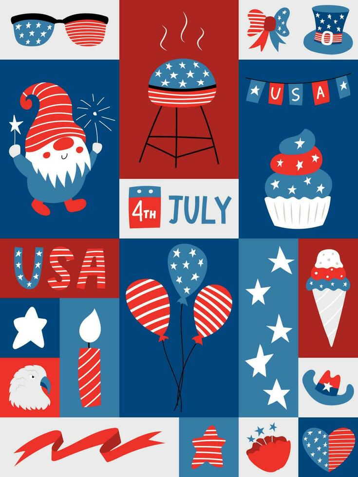 Graphic poster with national symblos of USA independence day. Greeting card for 4th of July. Gnome, balloons, flag. Patriotic elements in flat cartoon style. Retro vintage colors. Vector illustration.