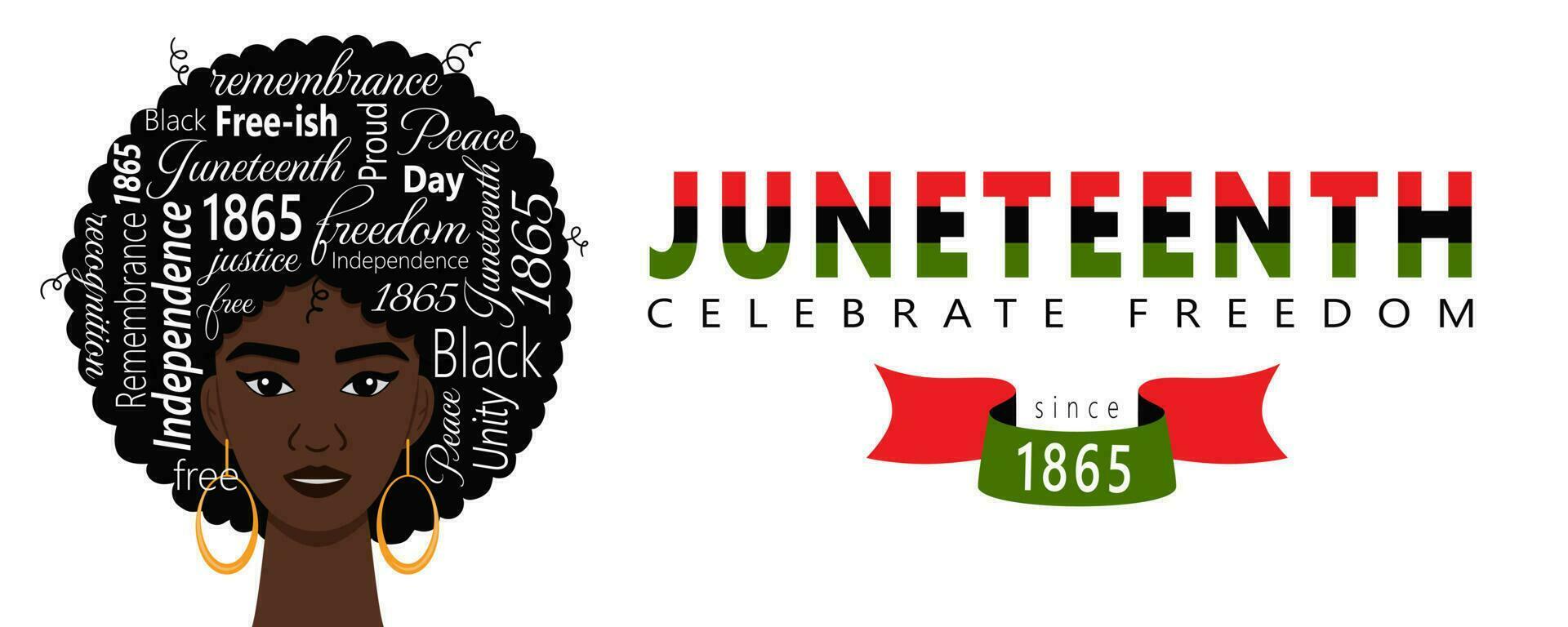 Juneteenth. Celebrate Freedom. Banner With Black Haired Woman And Words Symbolizing African American History And Heritage, National Independence Day. Vector illustration On A White Background