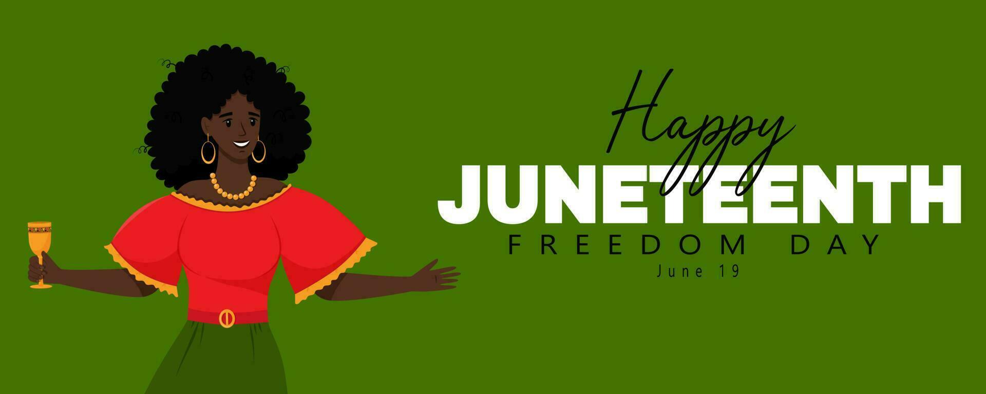 Happy Juneteenth. Banner With A Young Dark-Skinned Woman With Black Curly Hair In A Dress Holds A Wine Glass In Her Hand. African-American National Independence Day. Flat Vector Illustration On Green