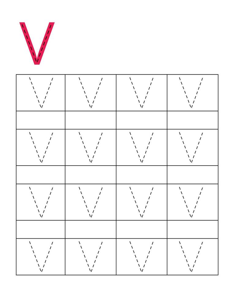 Letter handwriting practice for kids.Dotted alphabet tracing V vector