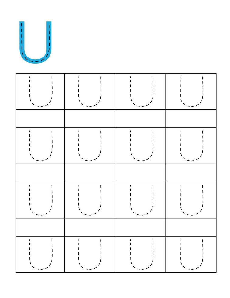 Letter handwriting practice for kids.Dotted alphabet tracing U vector