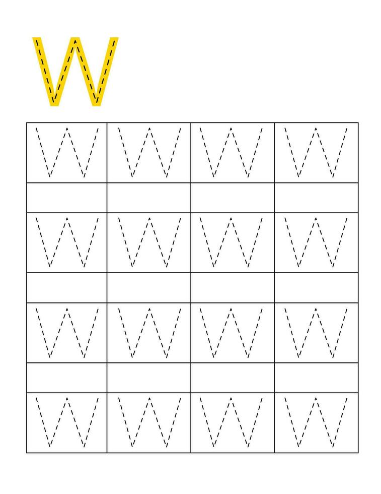 Letter handwriting practice for kids.Dotted alphabet tracing W vector