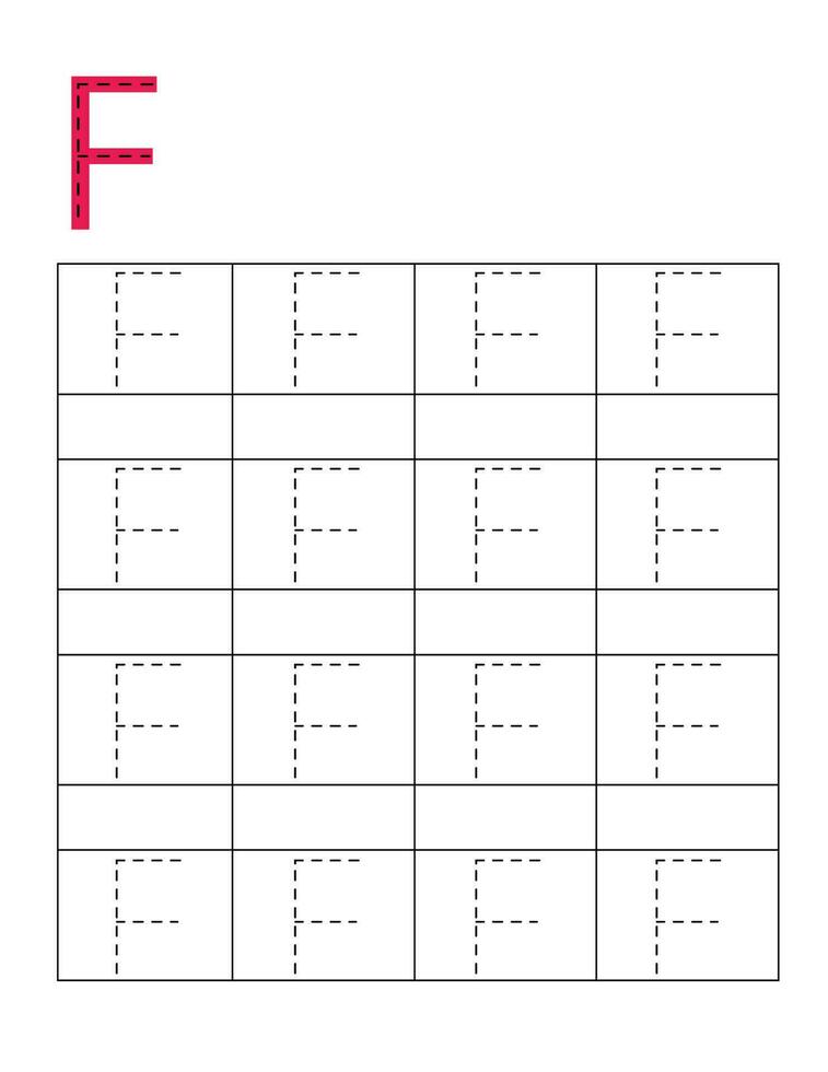 Letter handwriting practice for kids.Dotted alphabet tracing F vector