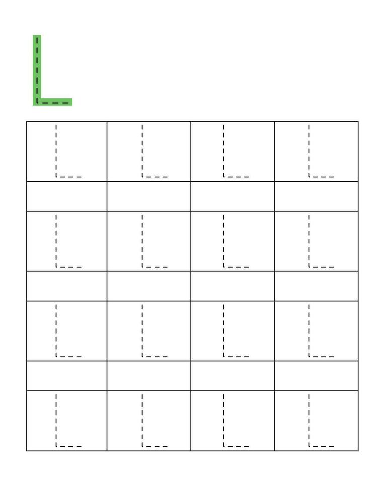 Letter handwriting practice for kids.Dotted alphabet tracing L vector