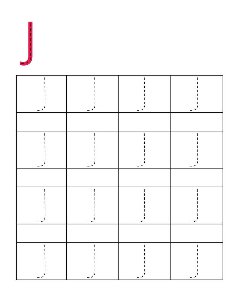 Letter handwriting practice for kids.Dotted alphabet tracing J vector