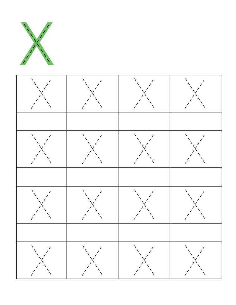 Letter handwriting practice for kids.Dotted alphabet tracing X vector