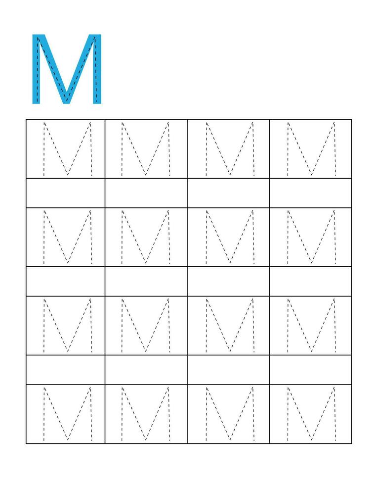 Letter handwriting practice for kids.Dotted alphabet tracing M vector