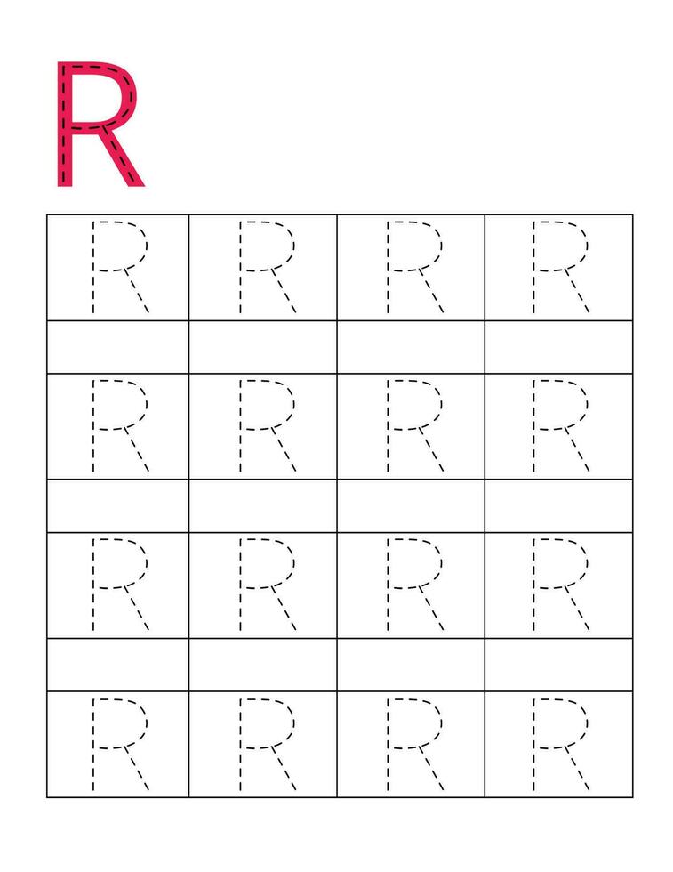 Letter handwriting practice for kids.Dotted alphabet tracing R vector