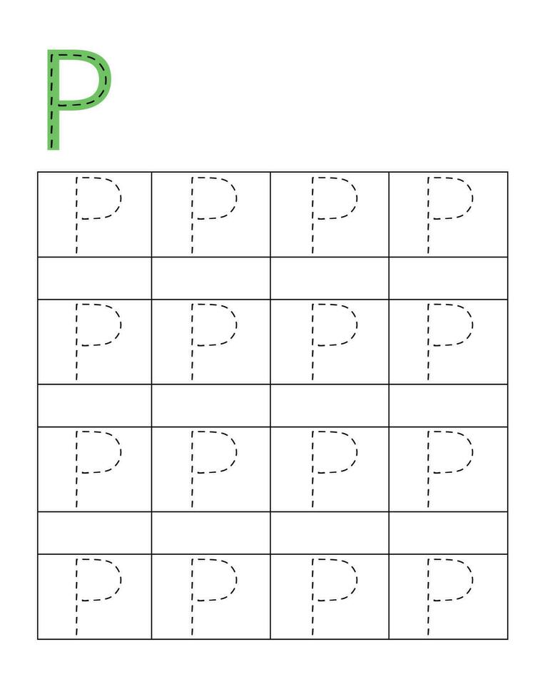 Letter handwriting practice for kids.Dotted alphabet tracing P vector