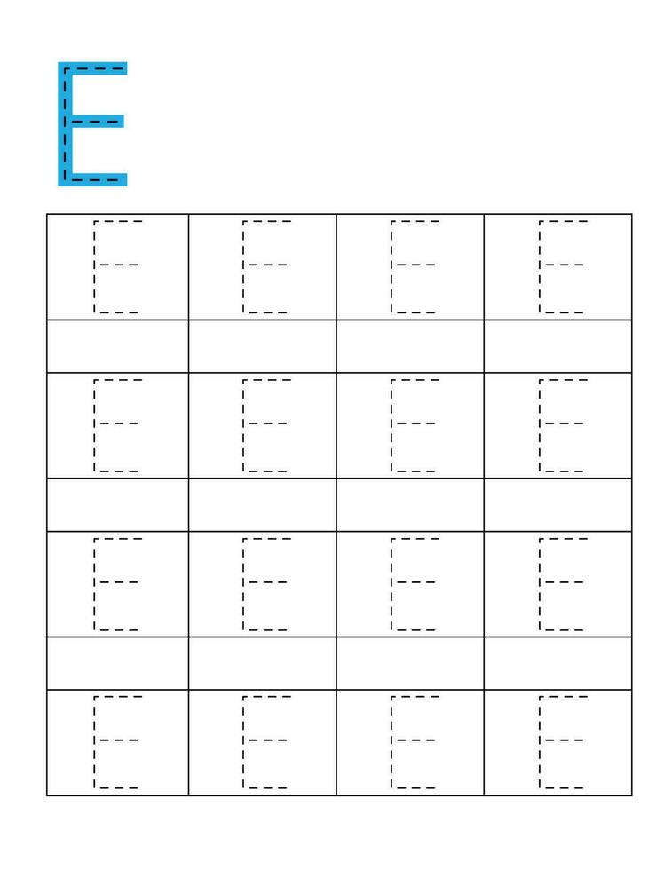 Letter handwriting practice for kids.Dotted alphabet tracing E vector