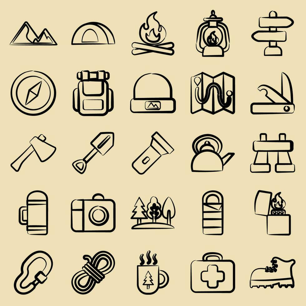 Icon set of camping. Camping and adventure elements. Icons in hand drawn style. Good for prints, posters, logo, advertisement, infographics, etc. vector