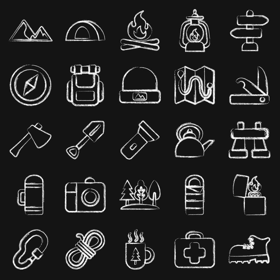 Icon set of camping. Camping and adventure elements. Icons in chalk style. Good for prints, posters, logo, advertisement, infographics, etc. vector