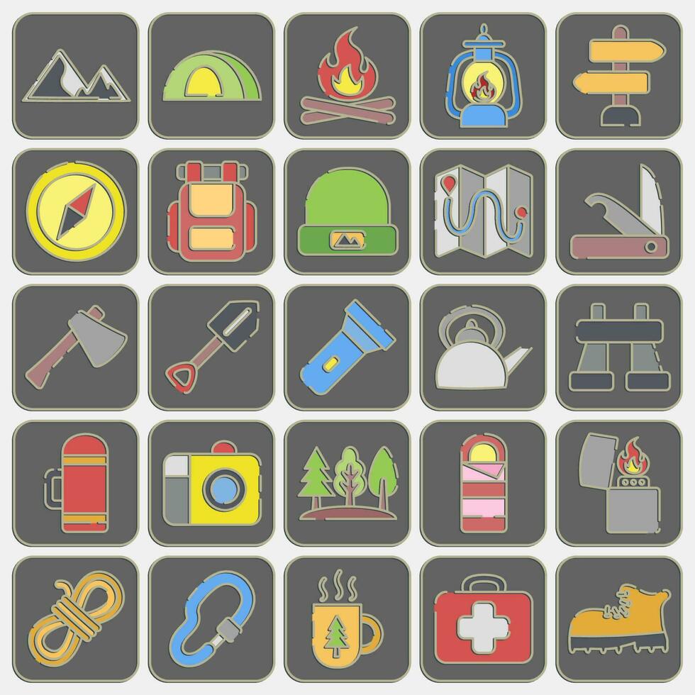 Icon set of camping. Camping and adventure elements. Icons in embossed style. Good for prints, posters, logo, advertisement, infographics, etc. vector