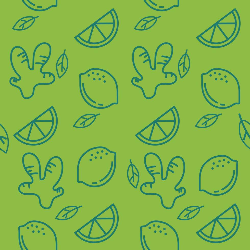 Hand drawn line art fruits seamless pattern lemons, slice of lemons, and ginger vector