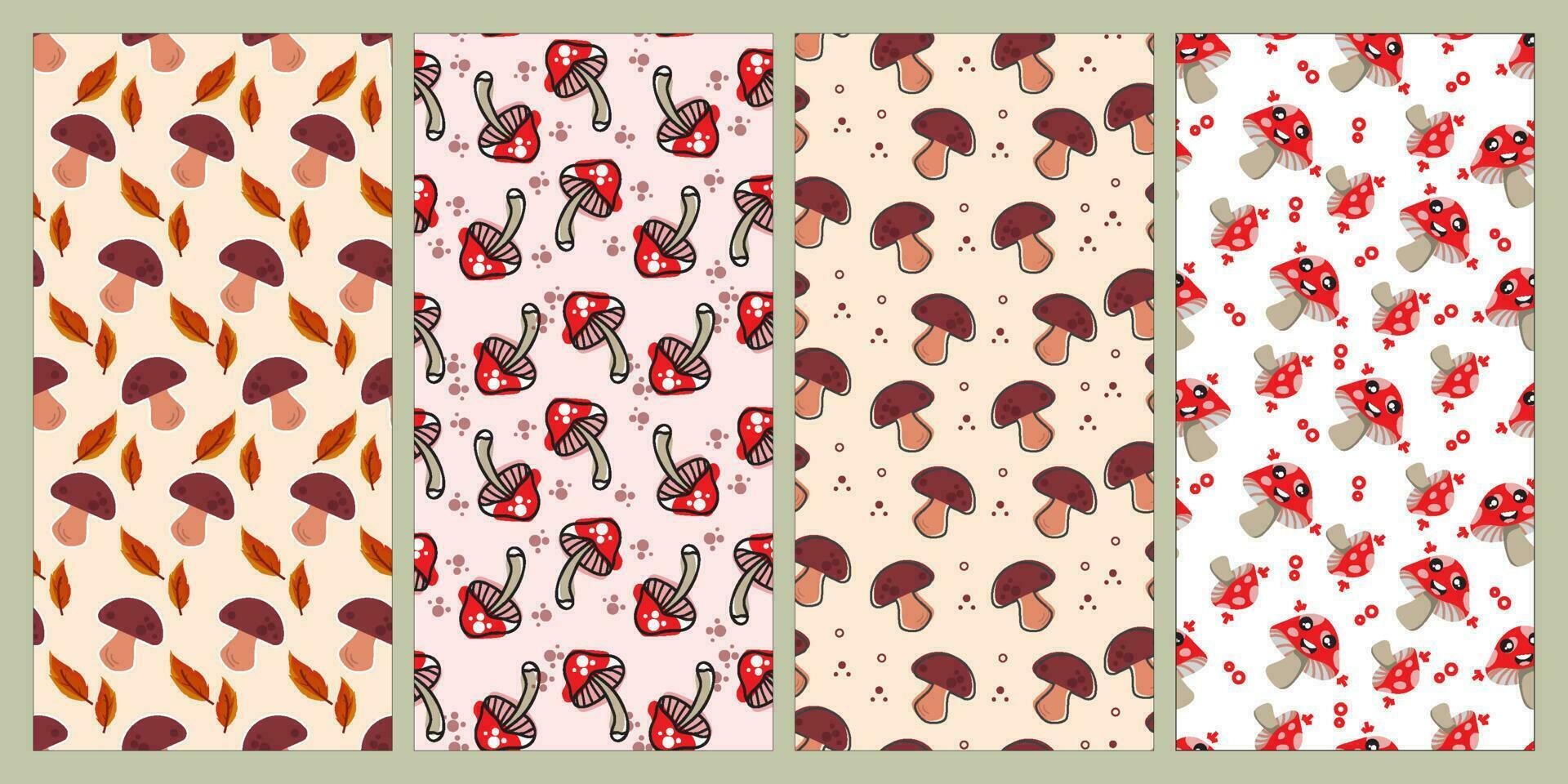 Set of mushroom, leaf and flower seamless pattern. Nature pattern. Summer pattern. Patterns for textiles or for covers. Wallpapers. vector