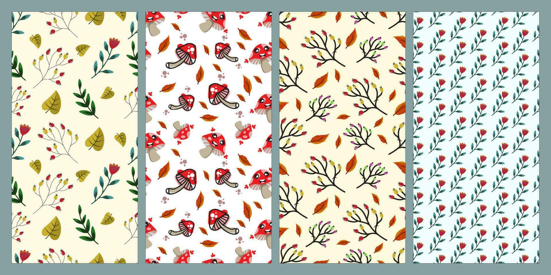 Set of mushroom, leaf and flower seamless pattern. Nature pattern. Summer pattern. Patterns for textiles or for covers. Wallpapers. vector