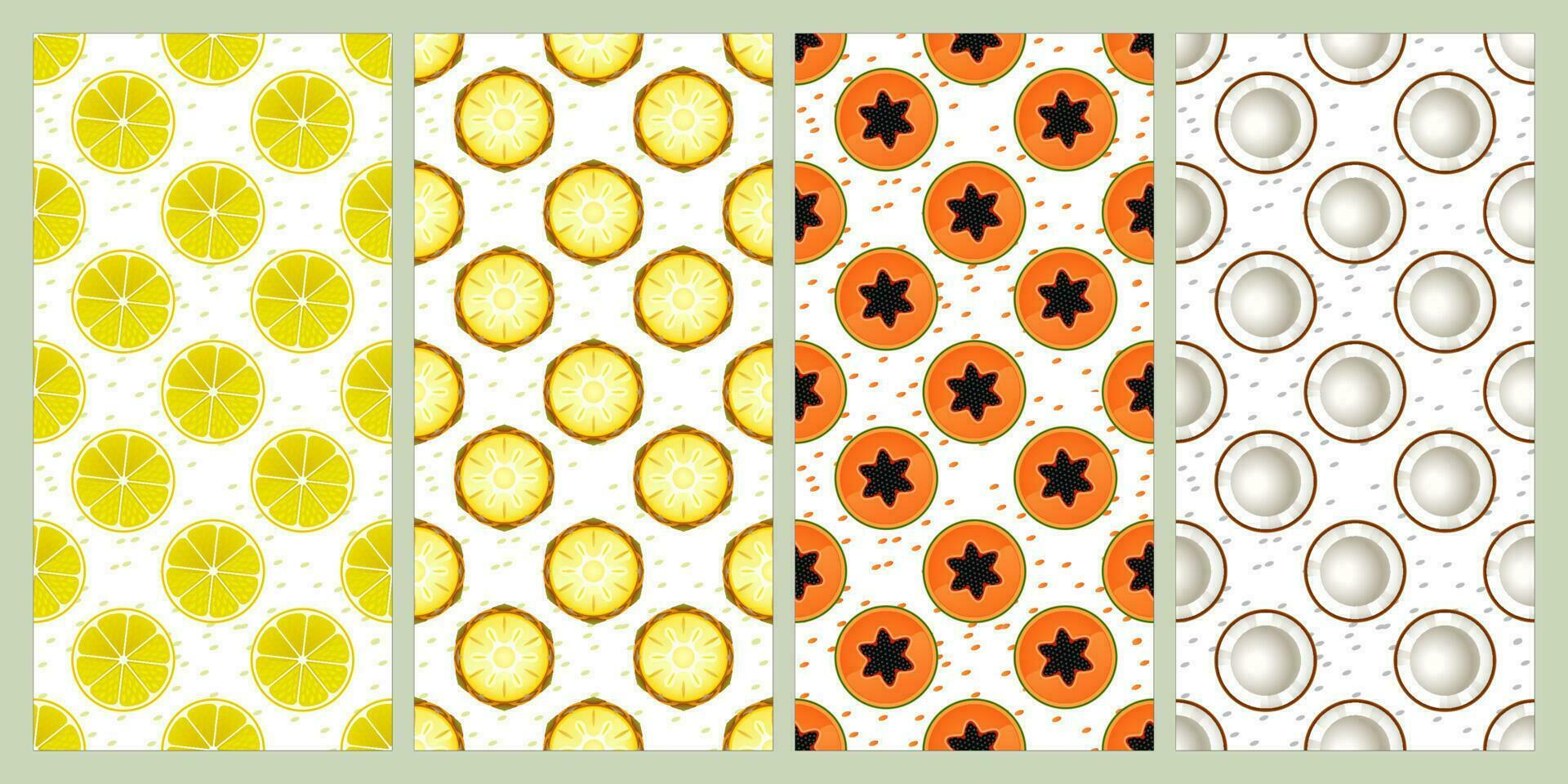 Set of seamless pattern. Lemon, pineapple, papaya, coconut. Fruit pattern. Summer pattern. Patterns for textiles or for covers. Wallpapers. vector