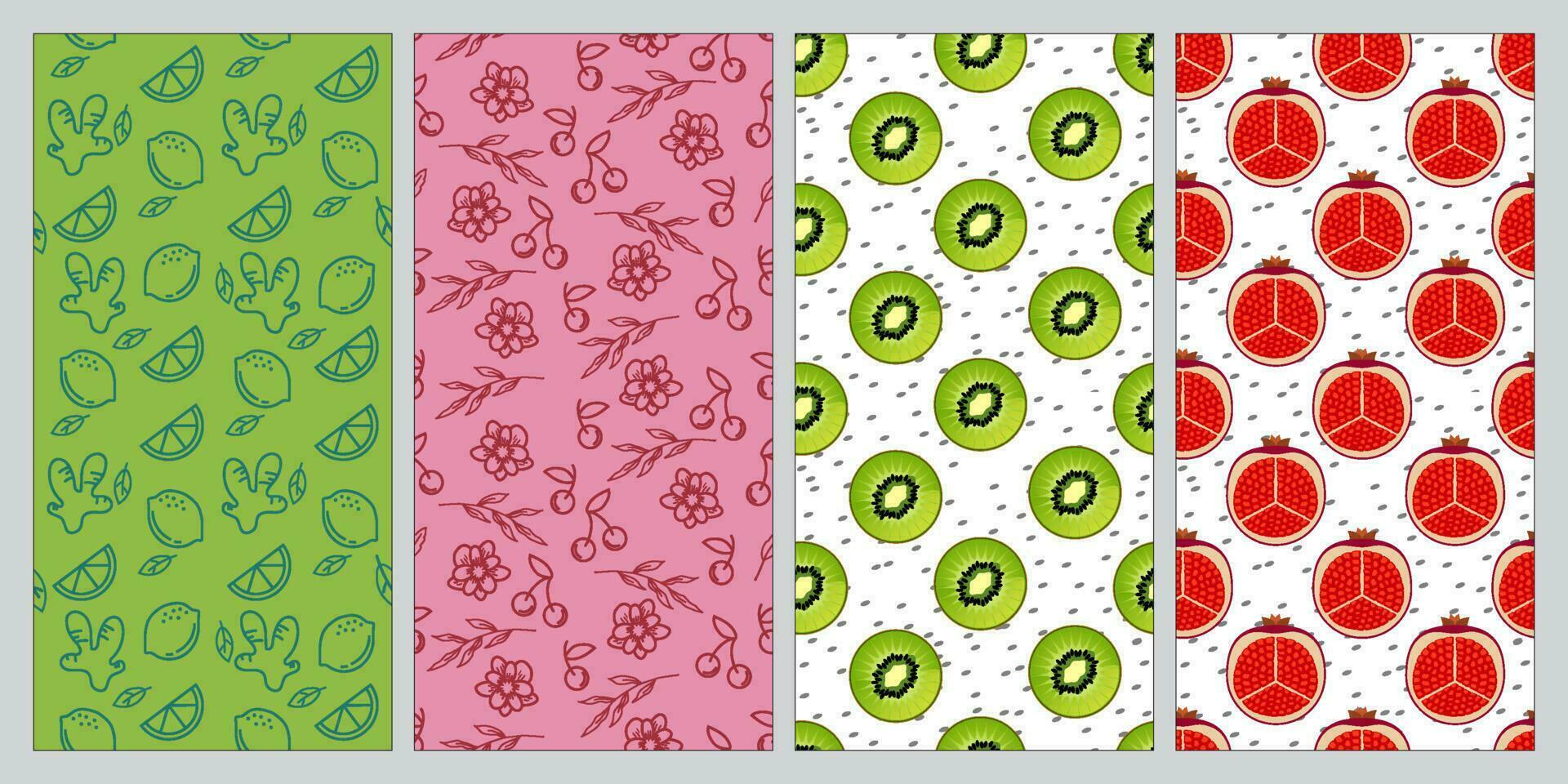 Set of seamless pattern. Lemon, ginger, cherry, kiwi, pomegranate. Fruit pattern. Summer pattern. Patterns for textiles or for covers. Wallpapers. vector