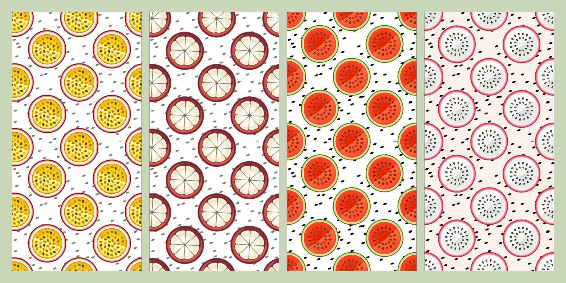 Set of seamless pattern. Passion fruit, mangosteen, watermelon, dragon fruit. Fruit pattern. Summer pattern. Patterns for textiles or for covers. Wallpapers. vector