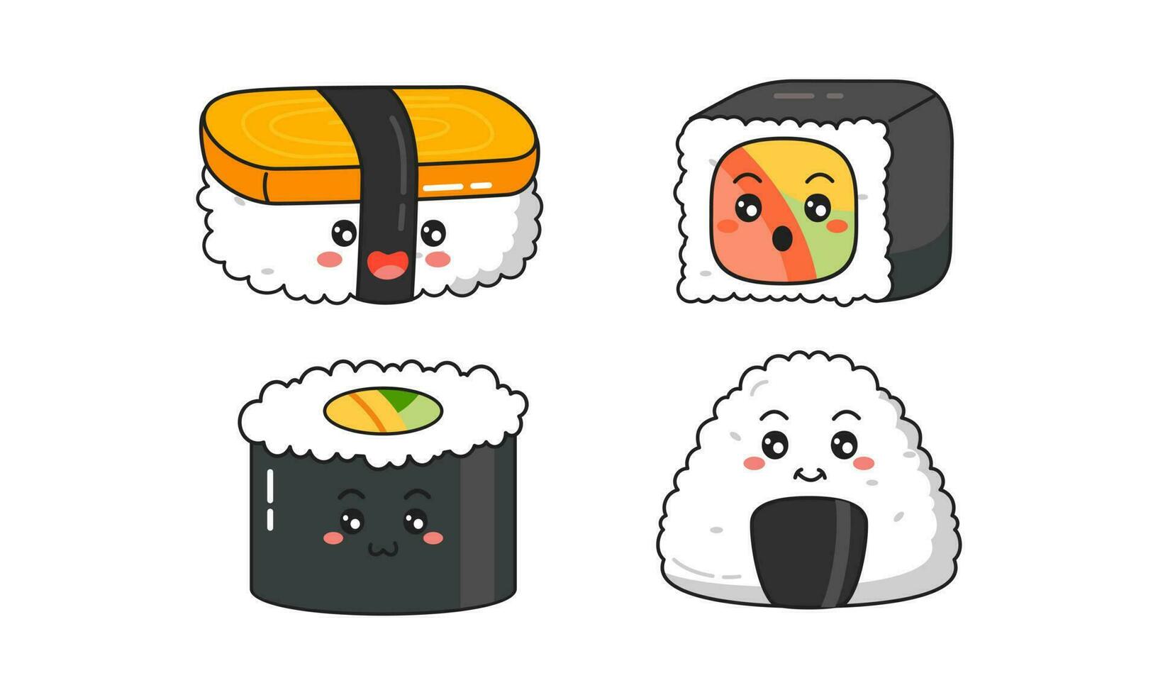 Various kawaii Sushi, rolls, nigiri. Japanese cartoon style vector