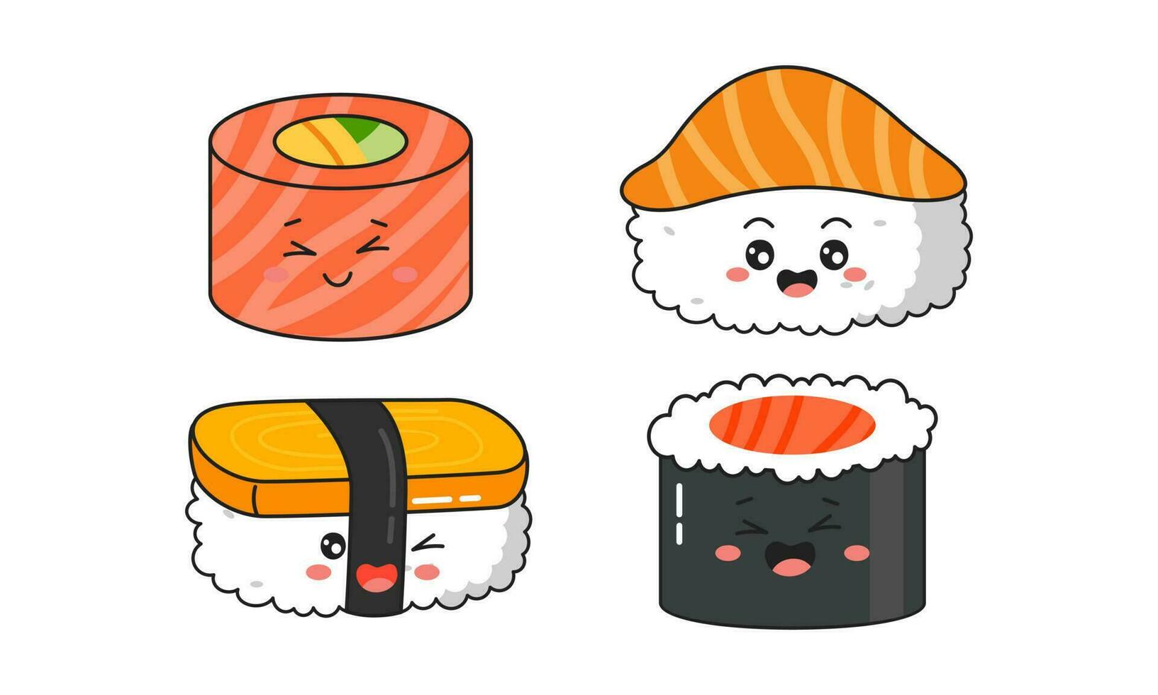 Various kawaii Sushi, rolls, nigiri. Japanese cartoon style vector
