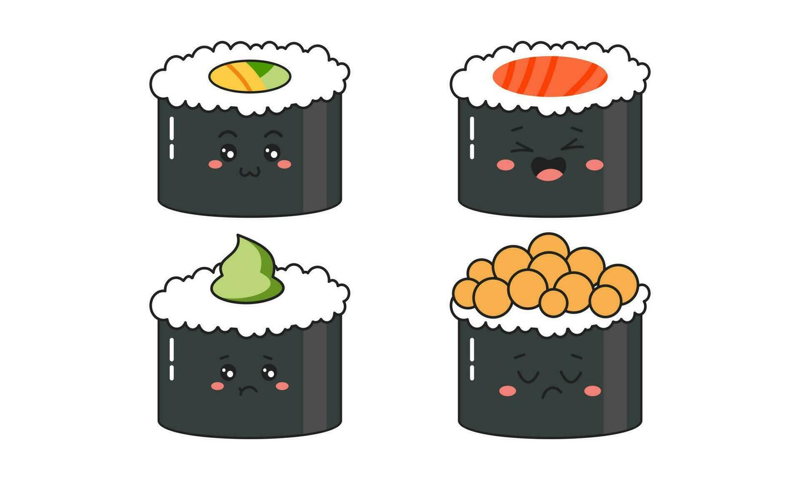 Various kawaii Sushi, rolls, nigiri. Japanese cartoon style vector