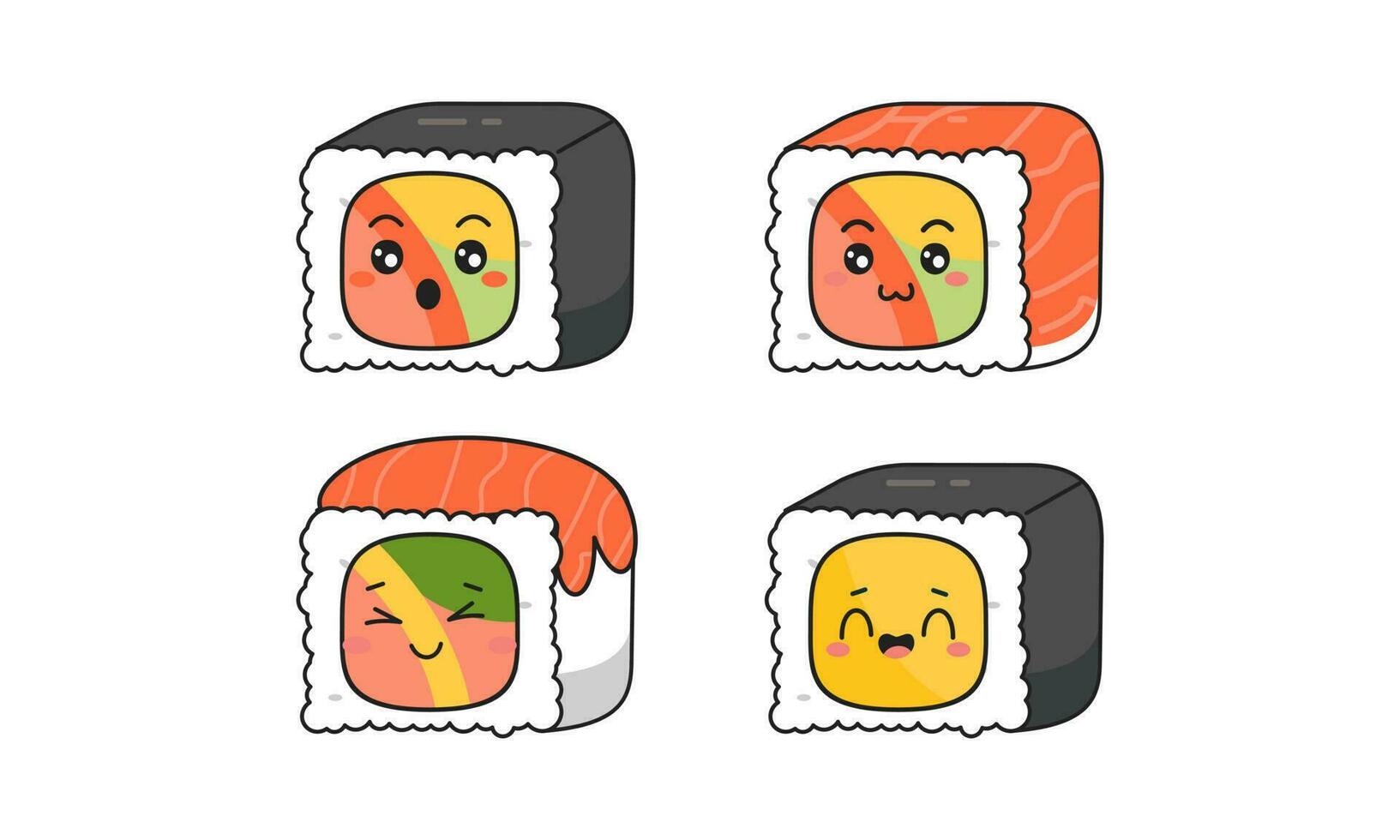 Various kawaii Sushi, rolls, nigiri. Japanese cartoon style vector