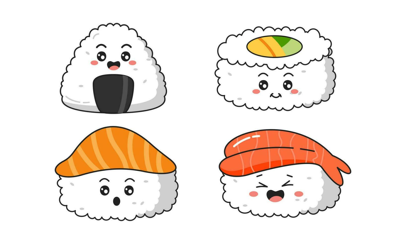 varios kawaii Sushi, rollos, niguiri japonés dibujos animados estilo vector
