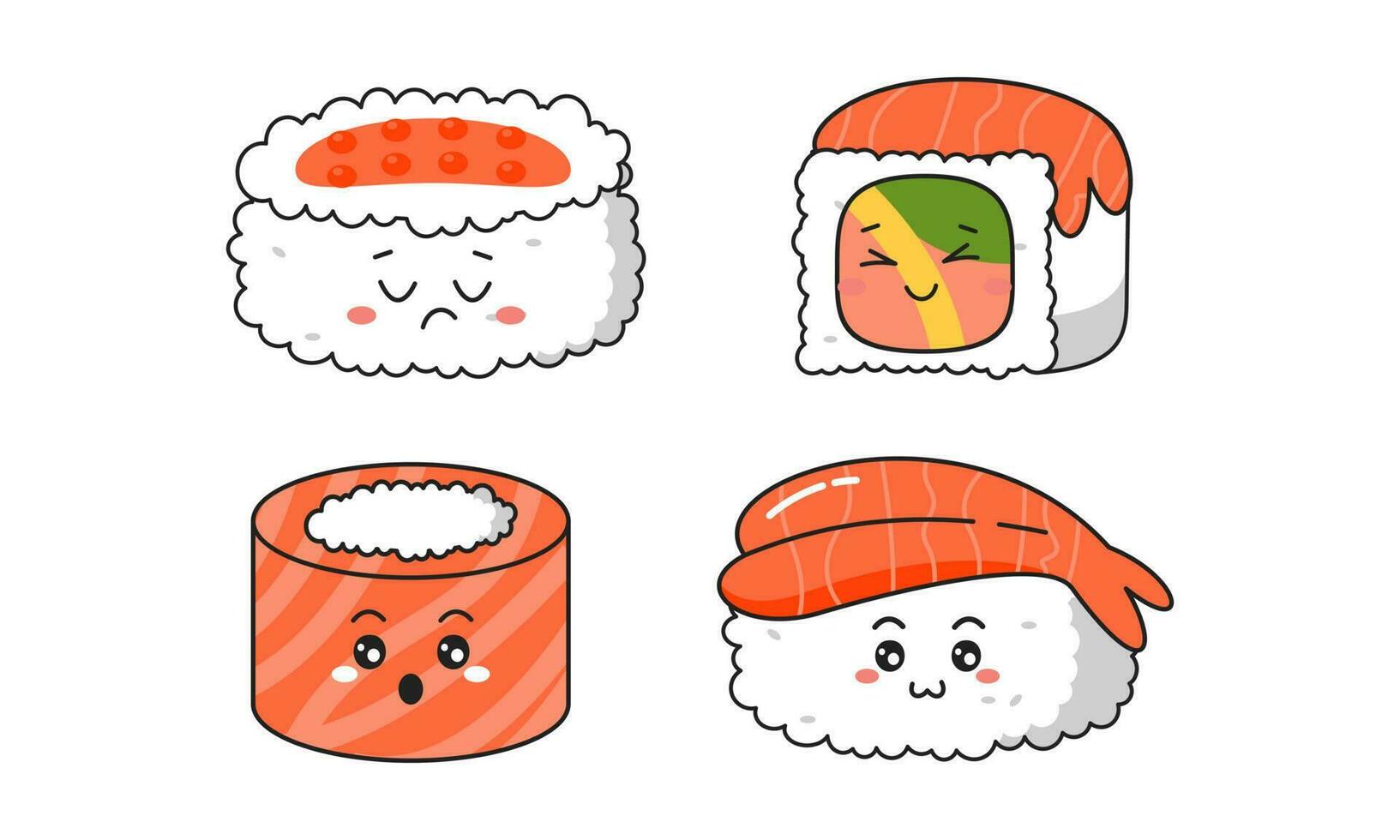 Various kawaii Sushi, rolls, nigiri. Japanese cartoon style vector