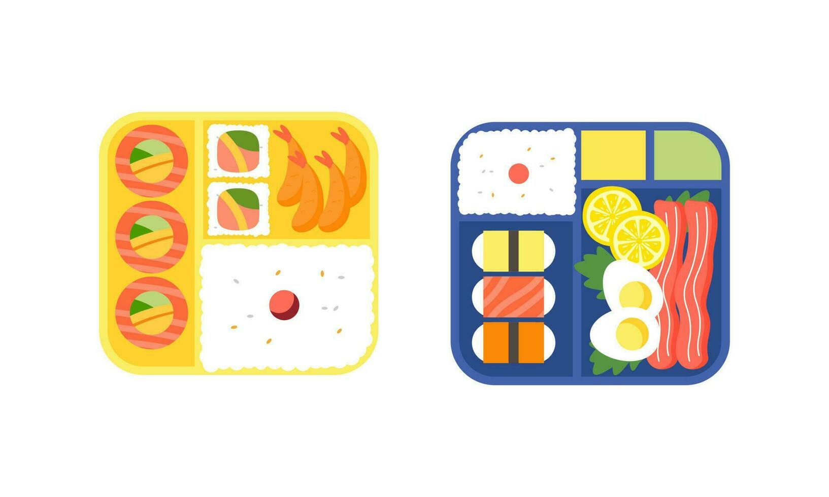 Bento box logo. Japanese lunch box. Various traditional asian food cartoon style vector