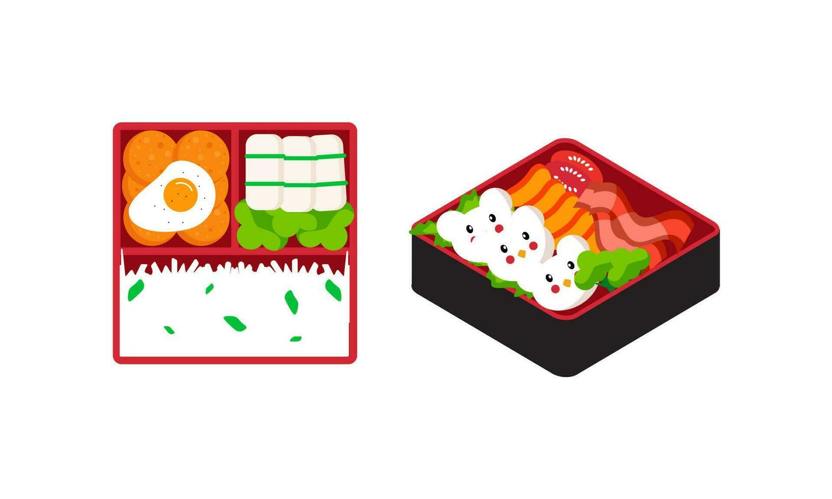 Bento box logo. Japanese lunch box. Various traditional asian food cartoon style vector