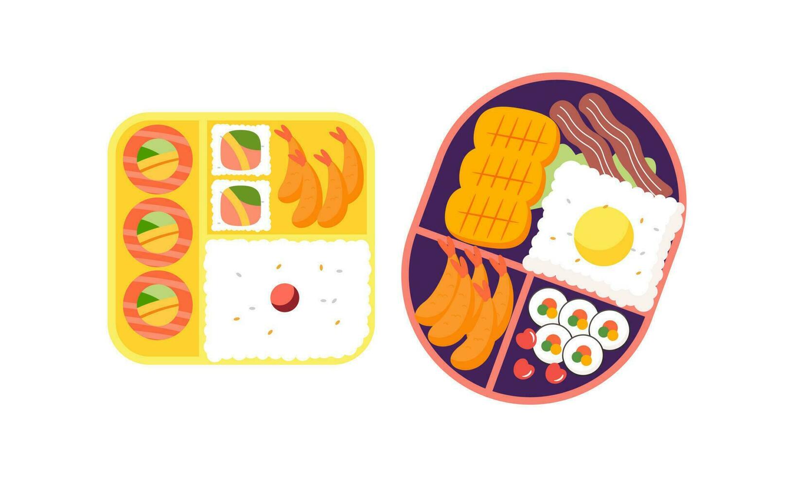 Bento box logo. Japanese lunch box. Various traditional asian food cartoon style vector