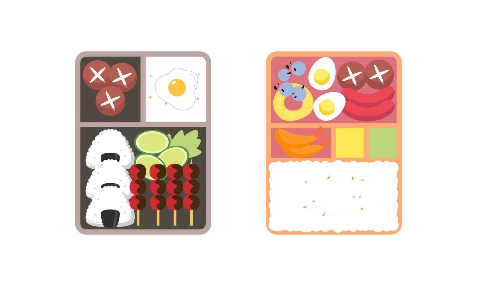 Bento box logo. Japanese lunch box. Various traditional asian food cartoon style vector