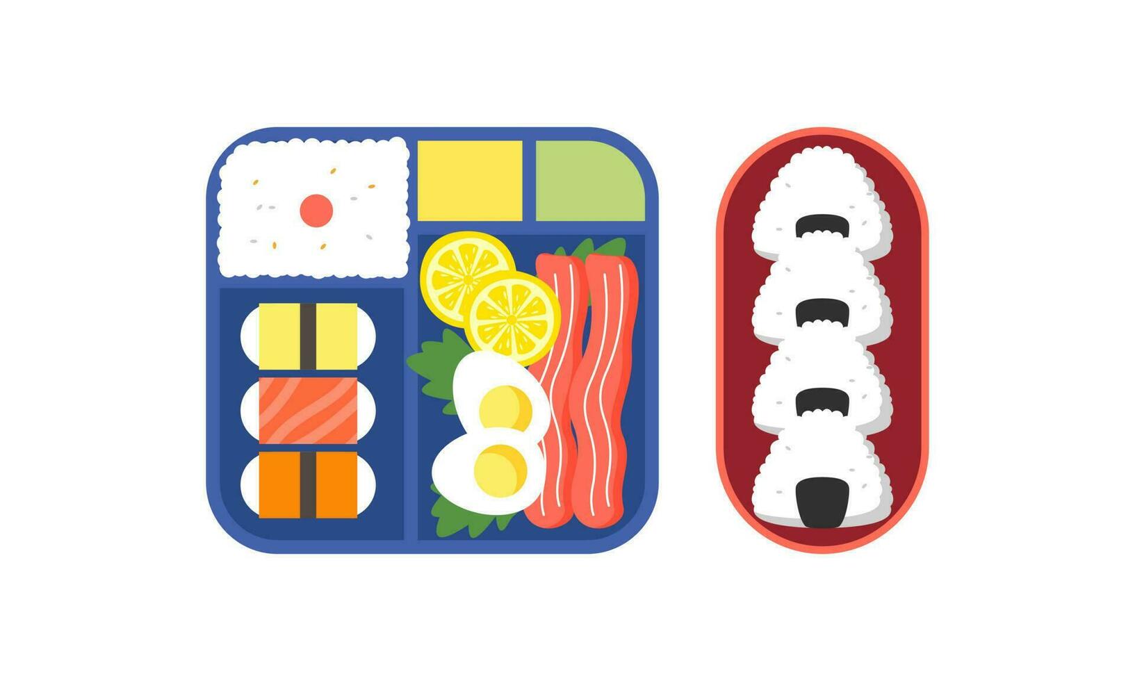 Bento box logo. Japanese lunch box. Various traditional asian food cartoon style vector