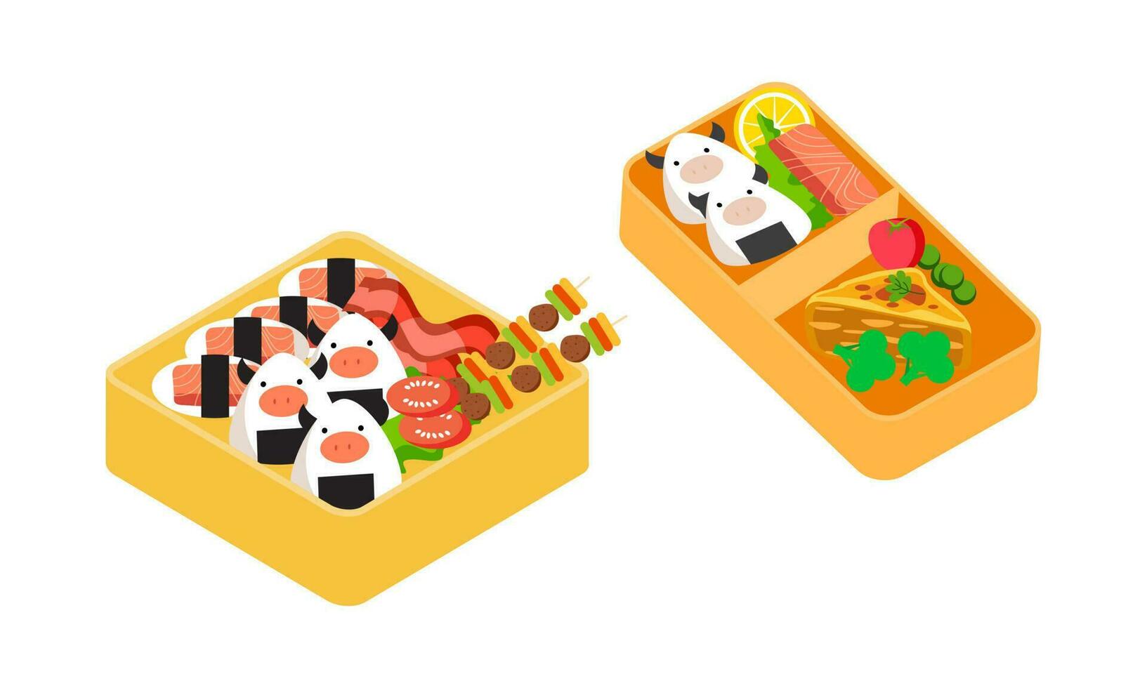 bento caja logo. japonés almuerzo caja. varios tradicional asiático comida dibujos animados estilo vector