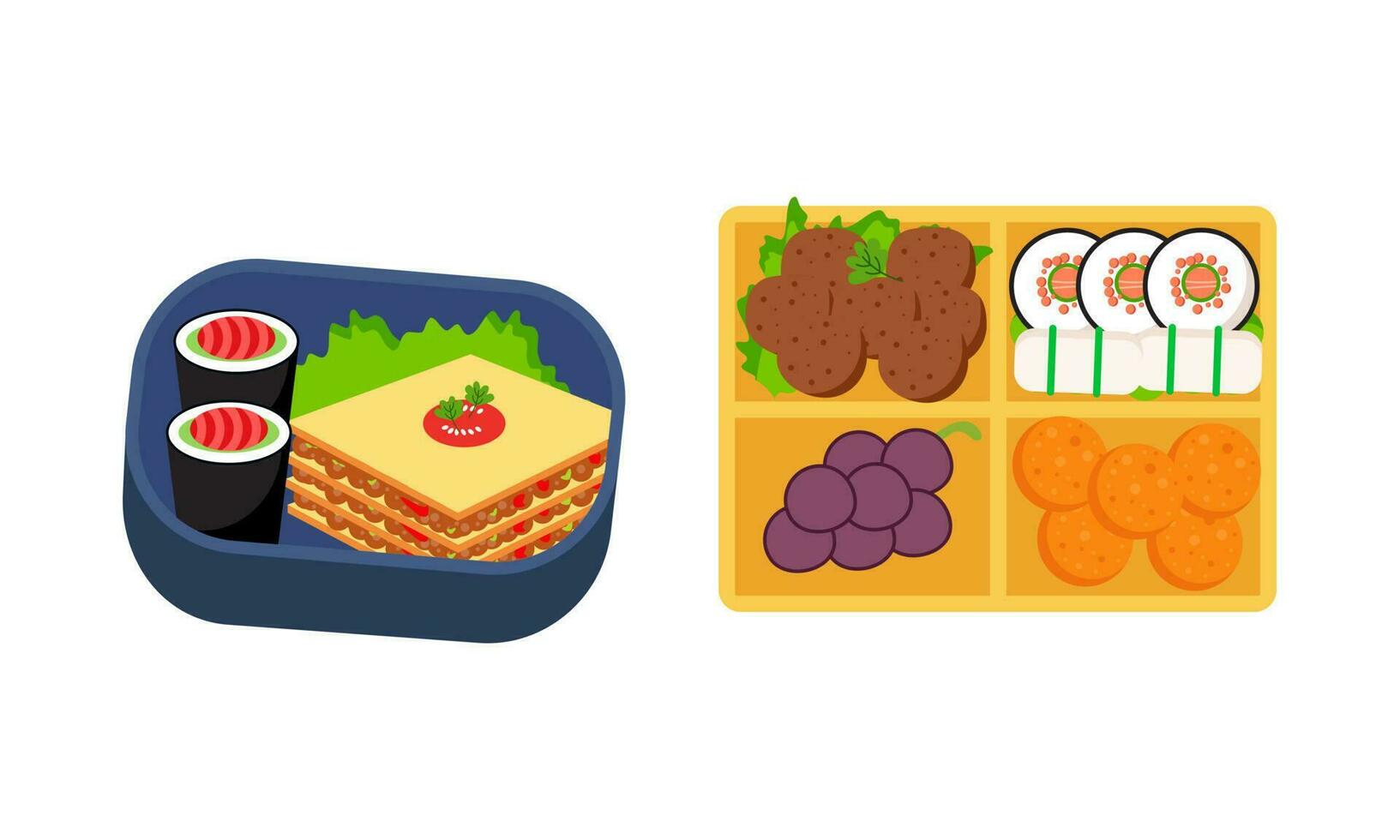 bento caja logo. japonés almuerzo caja. varios tradicional asiático comida dibujos animados estilo vector