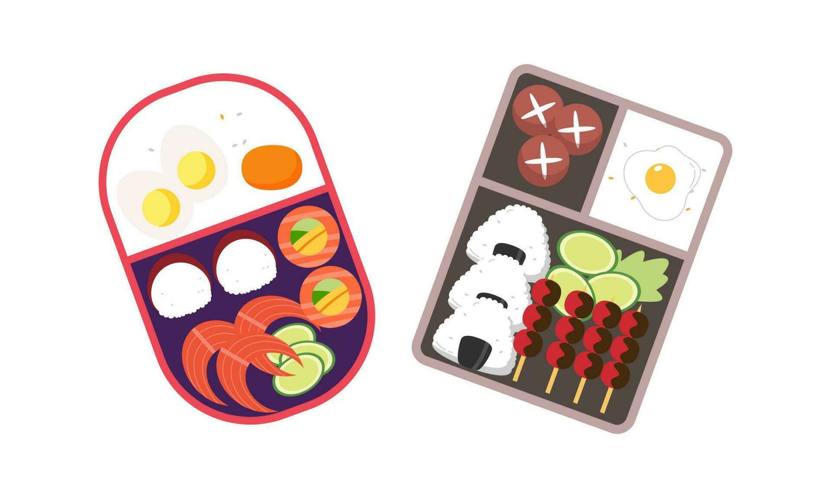 bento caja logo. japonés almuerzo caja. varios tradicional asiático comida dibujos animados estilo vector