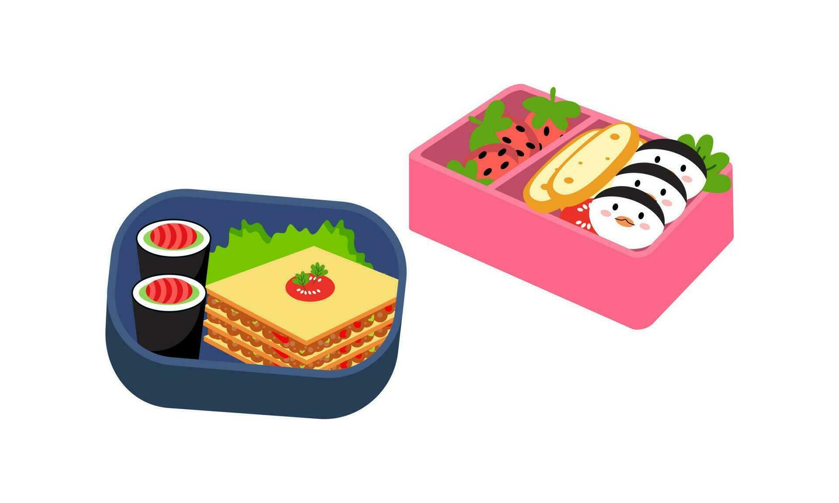 Bento box logo. Japanese lunch box. Various traditional asian food cartoon style vector