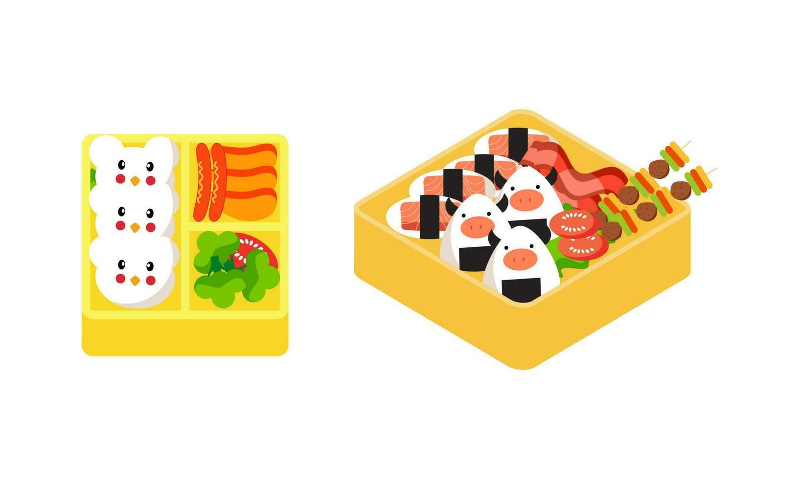 bento caja logo. japonés almuerzo caja. varios tradicional asiático comida dibujos animados estilo vector