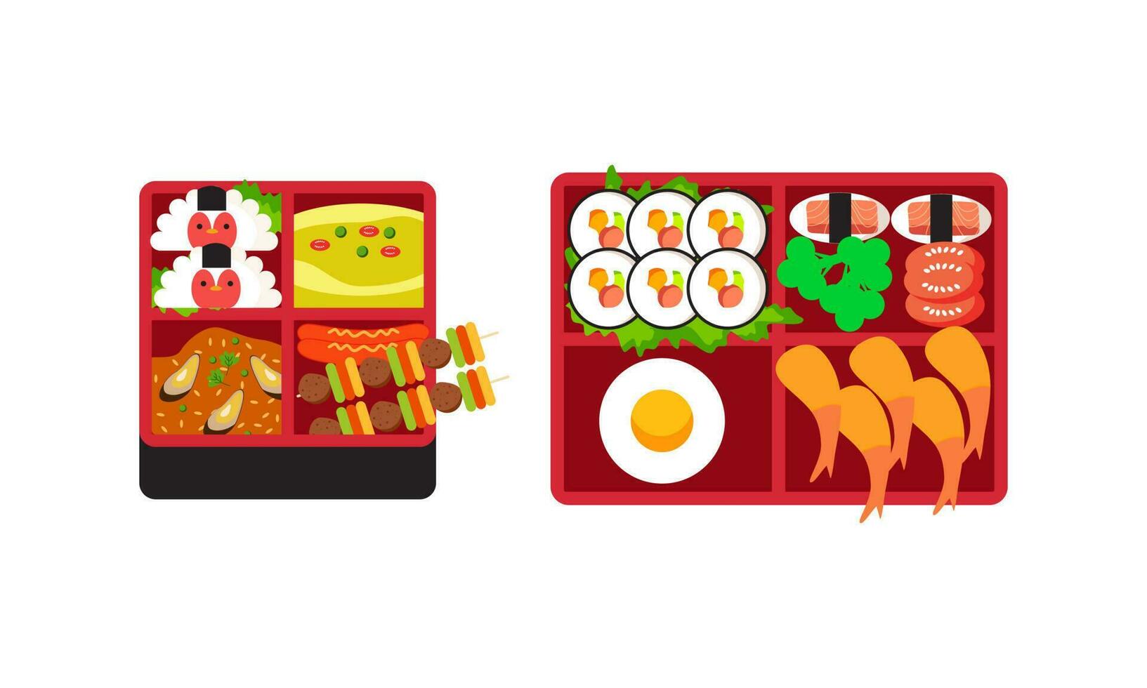 Bento box logo. Japanese lunch box. Various traditional asian food cartoon style vector