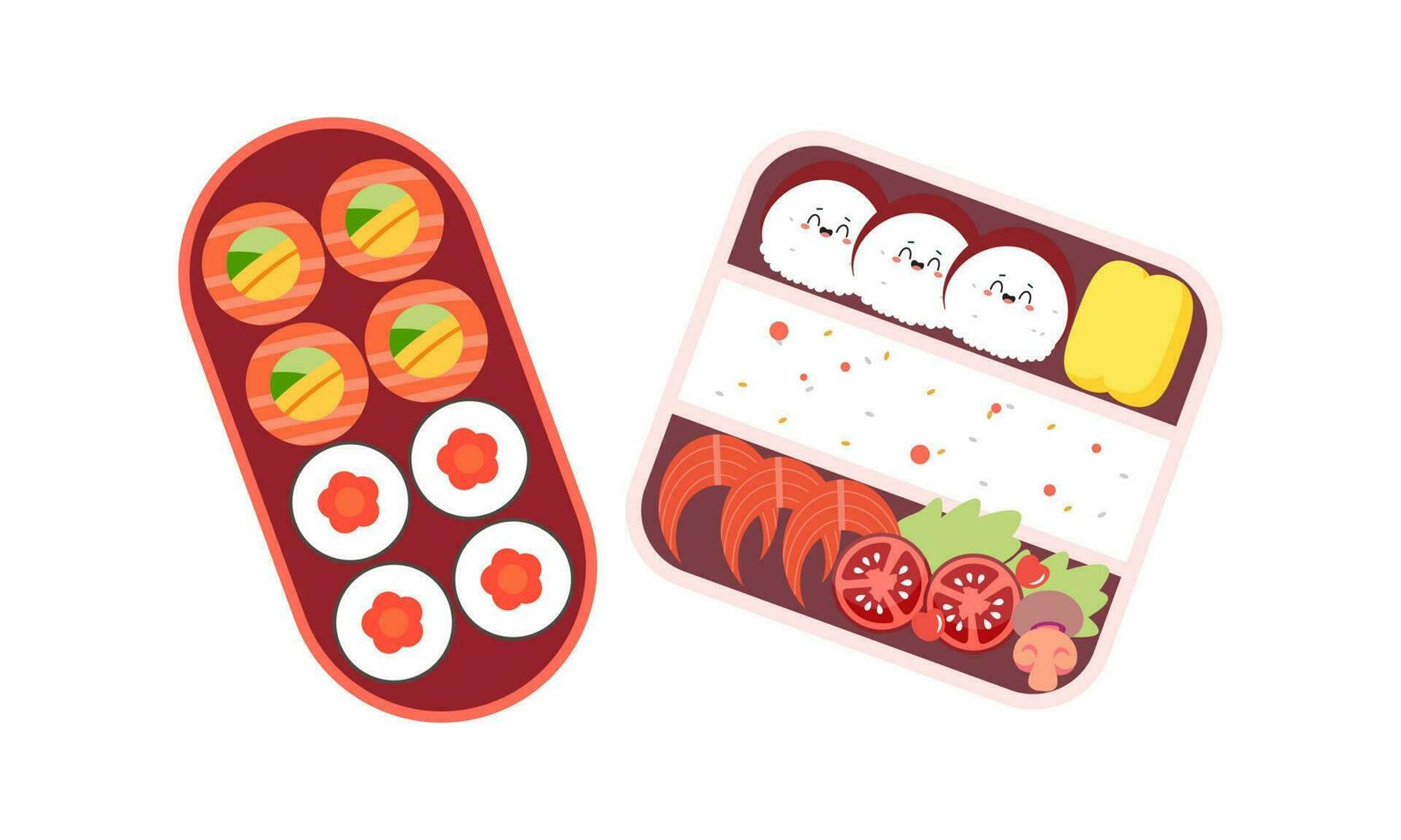 bento caja logo. japonés almuerzo caja. varios tradicional asiático comida dibujos animados estilo vector