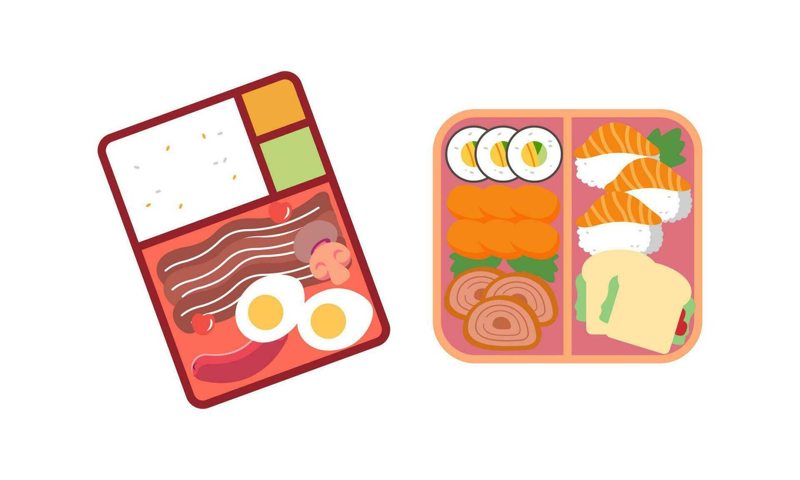 Bento box logo. Japanese lunch box. Various traditional asian food cartoon style vector
